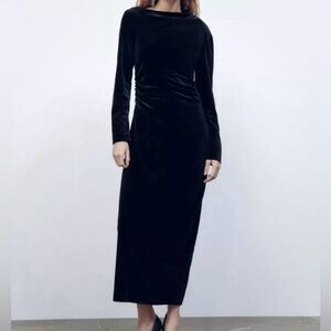 NWT Zara Womens Maxi Dress Black Velvet Ruched Sides Lined Long Sleeves Size S